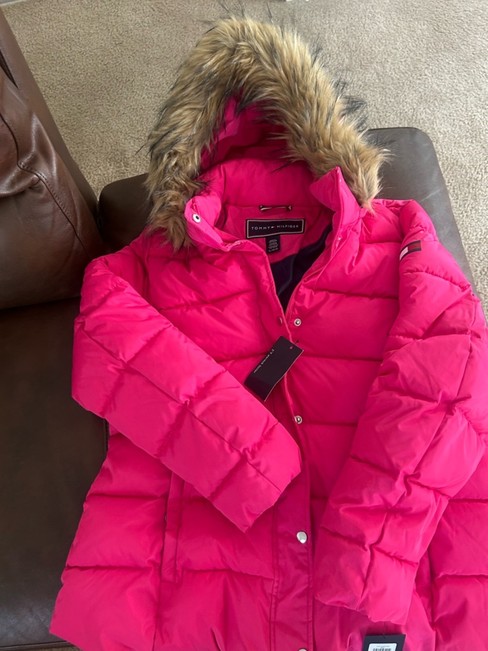 Tommy Hilfiger Girls' Bright Pink Puffer Jacket with Faux Fur Hood